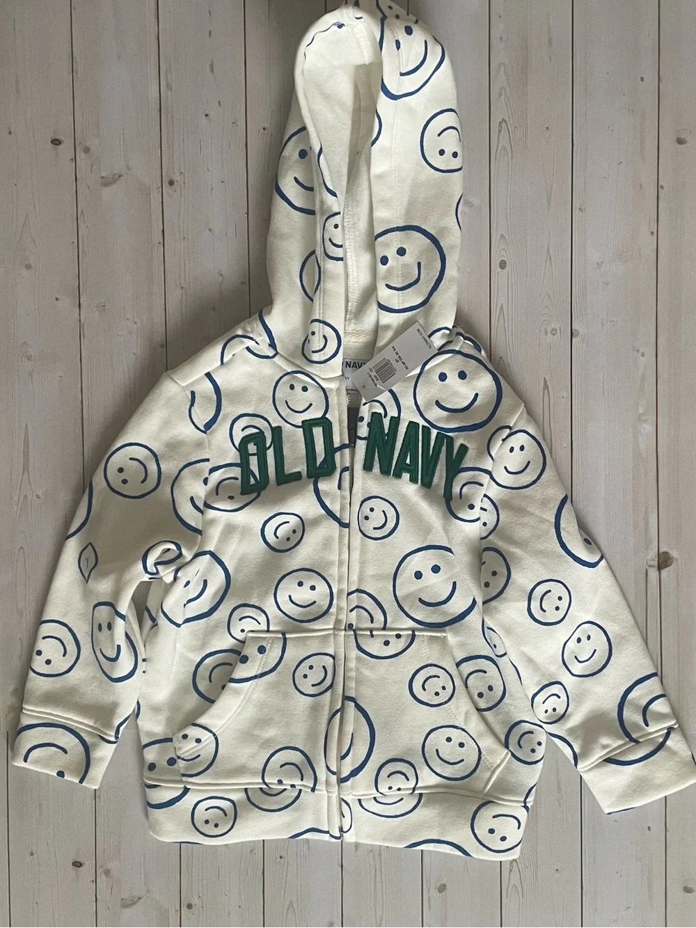Old Navy Cream Zip Hoodie with Blue Smiley Print and Green Logo